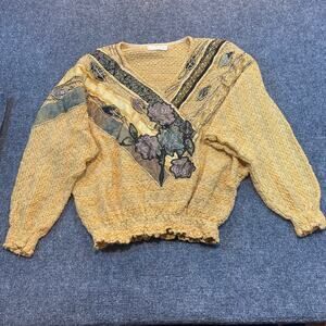 Vintage Cache Metallic Gold VNeck Knit Sweater Floral Applique Womens Medium